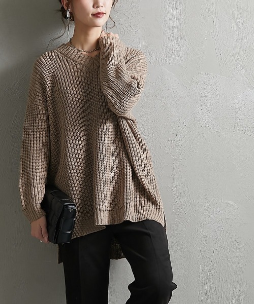 Soiunique（スワユニーク）の「オーバーサイズＶネックリブニット ［Soiunique］（ニット/セーター・レディース・ピンクベージュ/グレイッシュベージュ/ライトグリーン/アイボリー・M）」の13枚目の写真