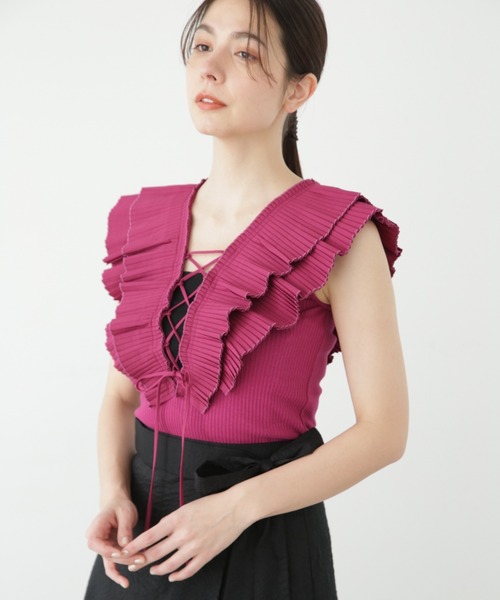 JILL STUART（ジルスチュアート）の「◆プリーツラッフルトップ（Tシャツ/カットソー・レディース・パープル/ホワイト/ブラック・FREE）」の3枚目の写真