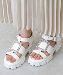 LOVEHUNTER / ビジューバックル 厚底スポーツサンダル レディース 5cm厚底 トラックソール 軽量 ストラップサンダル 美脚 スタイルアップ 夏サンダル(1594)