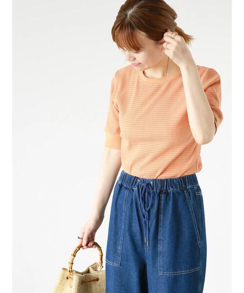 Lugnoncure（ルノンキュール）の「リブボーダー半袖トップス（Tシャツ/カットソー・レディース・オレンジ/カーキ/オフホワイト・F）」の4枚目の写真