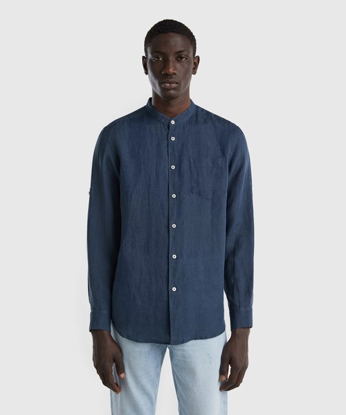 BENETTON (UNITED COLORS OF BENETTON)（ベネトンユナイテッドカラーズオブベネトン）の「リネン100％長袖バンドカラーシャツ（シャツ/ブラウス・メンズ・ホワイト/ネイビー・SMALL/MEDIUM/X-SMALL/LARGE/X-LARGE）」の2枚目の写真