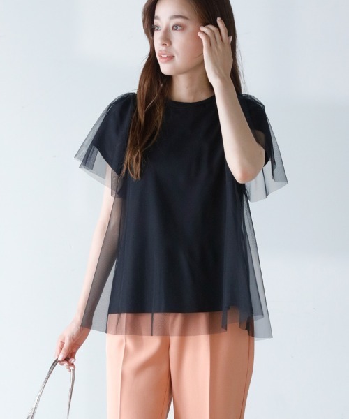 M.deux(エムドゥ)の「〔チュールレイヤードTシャツ〕(Tシャツ/カットソー・レディース・ブラック/オフホワイト・MEDIUM)」の2枚目の写真