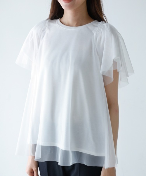 M.deux(エムドゥ)の「〔チュールレイヤードTシャツ〕(Tシャツ/カットソー・レディース・ブラック/オフホワイト・MEDIUM)」の12枚目の写真