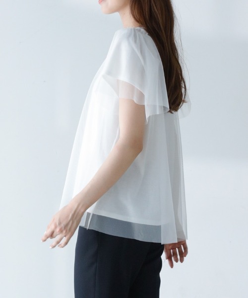 M.deux(エムドゥ)の「〔チュールレイヤードTシャツ〕(Tシャツ/カットソー・レディース・ブラック/オフホワイト・MEDIUM)」の7枚目の写真
