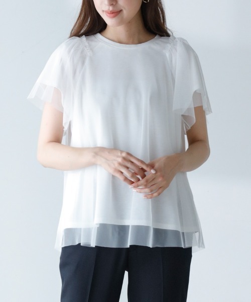 M.deux(エムドゥ)の「〔チュールレイヤードTシャツ〕(Tシャツ/カットソー・レディース・ブラック/オフホワイト・MEDIUM)」の8枚目の写真