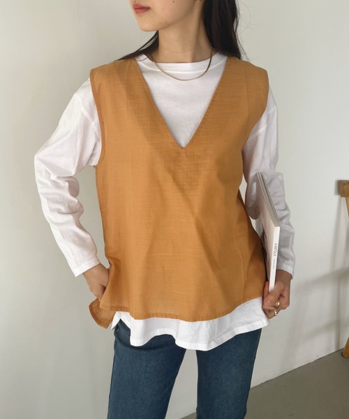 新品★HAUNT リネン Vネック ベスト オリーブカーキ　36サイズ HAUNT 新品☆リネン Vネック ベスト オリーブカーキ 36サイズ