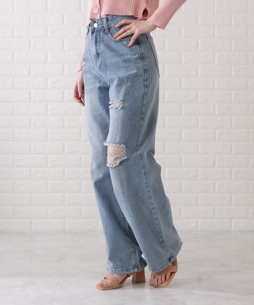 Lace Ladies（レースレディース）の「ハイウエストダメージワイドデニムパンツ（デニムパンツ・レディース・ブルー・S/L/M/XL）」の3枚目の写真