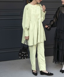 【forksy.】【オケージョン対応】サテンジャガードボリュームスリーブチュニック＆テーパードパンツセットアップライトグリーン