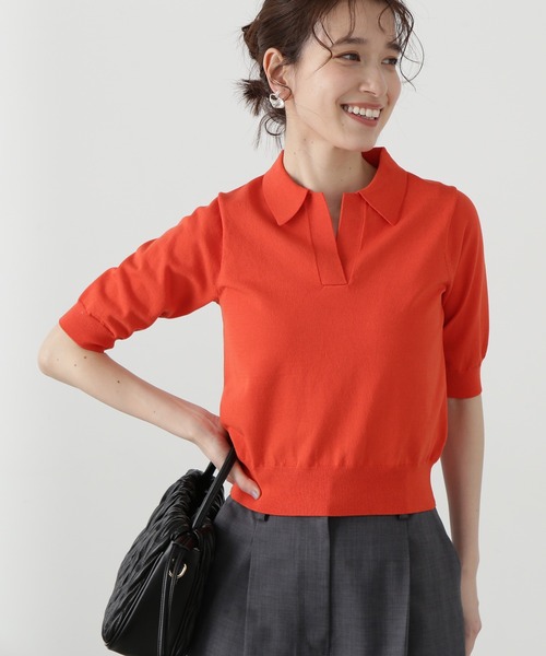 N.（N. Natural Beauty Basic）（エヌエヌナチュラルビューティーベーシック）の「◆ビオグレース半袖ポロネックニット（ニット/セーター・レディース・レッド/オフホワイト/チャコールグレー・MEDIUM）」の3枚目の写真