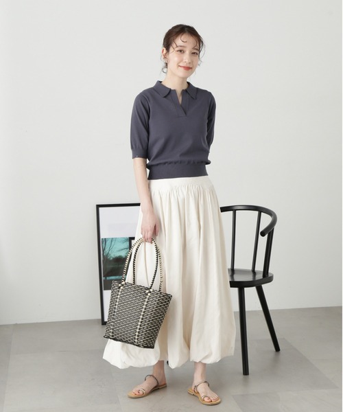 N.（N. Natural Beauty Basic）（エヌエヌナチュラルビューティーベーシック）の「◆ビオグレース半袖ポロネックニット（ニット/セーター・レディース・レッド/オフホワイト/チャコールグレー・MEDIUM）」の6枚目の写真