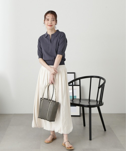 N.（N. Natural Beauty Basic）（エヌエヌナチュラルビューティーベーシック）の「◆ビオグレース半袖ポロネックニット（ニット/セーター・レディース・レッド/オフホワイト/チャコールグレー・MEDIUM）」の7枚目の写真