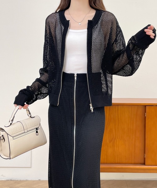 ABITOKYO(アビトーキョー)の「ジップアップシアーメッシュ編みセットアップ(セットアップ・レディース・グリーン/ブラック/グレイッシュベージュ・M/L/LL)」の6枚目の写真