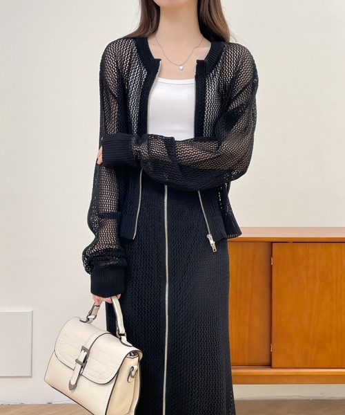 ABITOKYO(アビトーキョー)の「ジップアップシアーメッシュ編みセットアップ(セットアップ・レディース・グリーン/ブラック/グレイッシュベージュ・M/L/LL)」の7枚目の写真