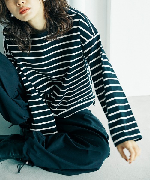 sail（サイル）の「【sail】ボーダーカットソー　小さいサイズ【低身長・小柄女性向けサイズ】（Tシャツ/カットソー・レディース・ブラック系/アイボリー系・01）」の2枚目の写真