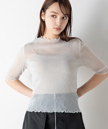 MILLION CARATS | ハイネックと、袖のメローデザインが大人可愛く、いつものコーデに華やかさをプラスするラメ混の素材のシアーメロウ5分袖トップス(Tシャツ/カットソー)