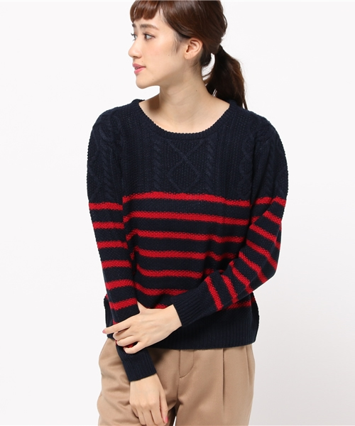 SEVENDAYS=SUNDAY(セブンデイズサンデイ)の「ミックス編ケーブルボーダーニット プルオーバー(ニット/セーター・レディース・オフホワイト/杢グレー/レッド/グリーン・MEDIUM/LARGE)」の4枚目の写真