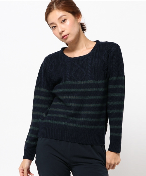 SEVENDAYS=SUNDAY(セブンデイズサンデイ)の「ミックス編ケーブルボーダーニット プルオーバー(ニット/セーター・レディース・オフホワイト/杢グレー/レッド/グリーン・MEDIUM/LARGE)」の3枚目の写真