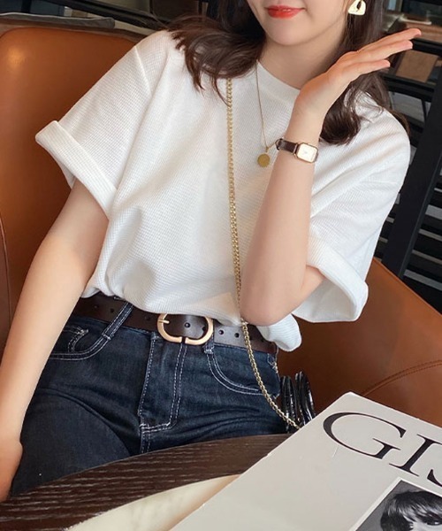 COCOMOMO（ココモモ）の「【2タイプ×カラー展開あり】 ワッフルTシャツ 半袖 Tシャツ カットソー 夏服（Tシャツ/カットソー・レディース・ホワイト/スカイブルー/ブラック/アイボリー系/アイボリー/オレンジ/ライトグレー/グリーン系/ピンク/グリーン/ホワイト系/ブラック系/オレンジ系・L/M）」の15枚目の写真