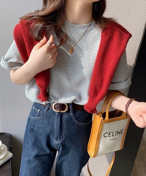 COCOMOMO（ココモモ）の「【2タイプ×カラー展開あり】 ワッフルTシャツ 半袖 Tシャツ カットソー 夏服（Tシャツ/カットソー・レディース・ホワイト/スカイブルー/ブラック/アイボリー系/アイボリー/オレンジ/ライトグレー/グリーン系/ピンク/グリーン/ホワイト系/ブラック系/オレンジ系・L/M）」の20枚目の写真