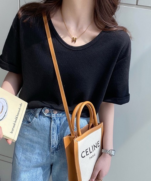 COCOMOMO（ココモモ）の「【2タイプ×カラー展開あり】 ワッフルTシャツ 半袖 Tシャツ カットソー 夏服（Tシャツ/カットソー・レディース・ホワイト/スカイブルー/ブラック/アイボリー系/アイボリー/オレンジ/ライトグレー/グリーン系/ピンク/グリーン/ホワイト系/ブラック系/オレンジ系・L/M）」の21枚目の写真