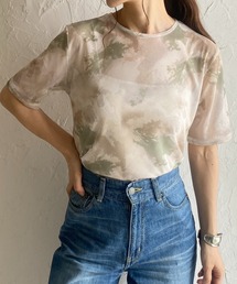 マーブル水彩ニュアンス柄半袖クルーネックメッシュシアートップス