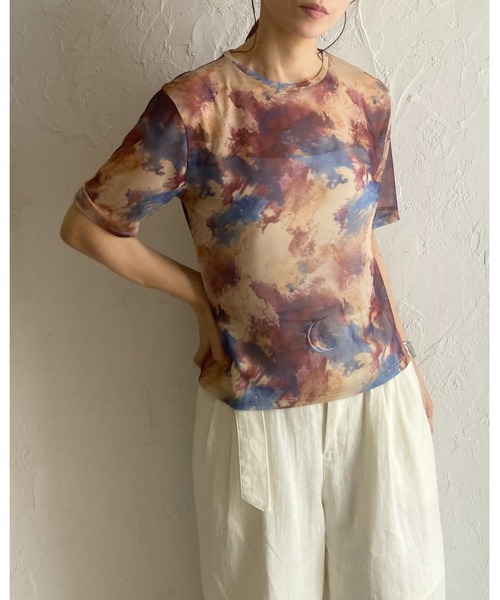 She's Closet（シーズクローゼット）の「マーブル水彩ニュアンス柄半袖クルーネックメッシュシアートップス（Tシャツ/カットソー・レディース・マルチ/アイボリー/チャコールグレー・FREE）」の10枚目の写真