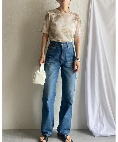 She's Closet（シーズクローゼット）の「マーブル水彩ニュアンス柄半袖クルーネックメッシュシアートップス（Tシャツ/カットソー・レディース・マルチ/アイボリー/チャコールグレー・FREE）」の17枚目の写真