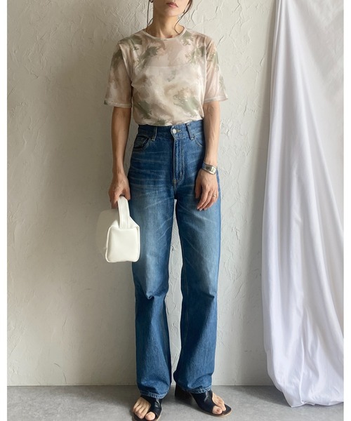 She's Closet（シーズクローゼット）の「マーブル水彩ニュアンス柄半袖クルーネックメッシュシアートップス（Tシャツ/カットソー・レディース・マルチ/アイボリー/チャコールグレー・FREE）」の19枚目の写真