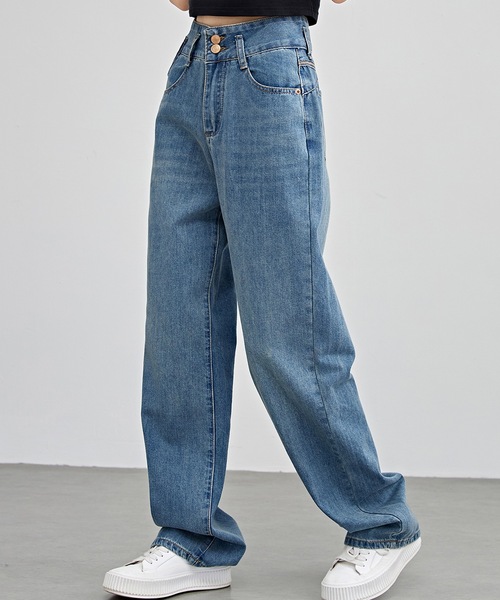 Lace Ladies（レースレディース）の「配色パッチ付き ハイウエスト ストレート デニム パンツ（デニムパンツ・レディース・ブルー/ネイビー・F/G/H/J/K/N/O/Q/R/T/U/W）」の2枚目の写真