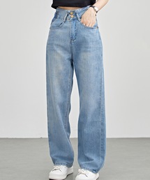 Lace Ladies | 配色パッチ付き ハイウエスト ストレート デニム パンツ(デニムパンツ)