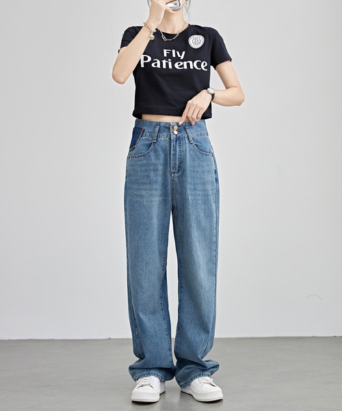 Lace Ladies（レースレディース）の「配色パッチ付き ハイウエスト ストレート デニム パンツ（デニムパンツ・レディース・ブルー/ネイビー・F/G/H/J/K/N/O/Q/R/T/U/W）」の3枚目の写真