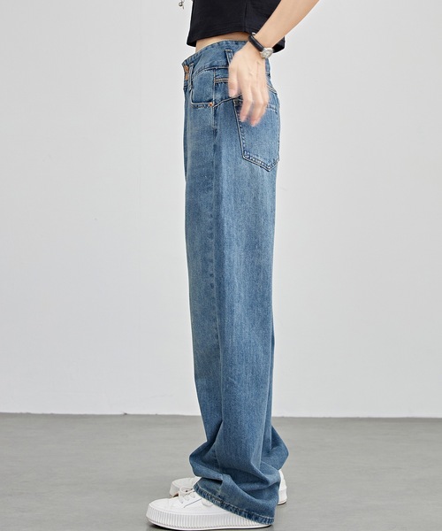 Lace Ladies（レースレディース）の「配色パッチ付き ハイウエスト ストレート デニム パンツ（デニムパンツ・レディース・ブルー/ネイビー・F/G/H/J/K/N/O/Q/R/T/U/W）」の4枚目の写真