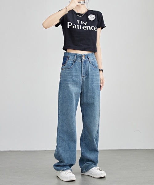 Lace Ladies（レースレディース）の「配色パッチ付き ハイウエスト ストレート デニム パンツ（デニムパンツ・レディース・ブルー/ネイビー・F/G/H/J/K/N/O/Q/R/T/U/W）」の6枚目の写真