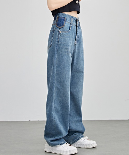 Lace Ladies（レースレディース）の「配色パッチ付き ハイウエスト ストレート デニム パンツ（デニムパンツ・レディース・ブルー/ネイビー・F/G/H/J/K/N/O/Q/R/T/U/W）」の7枚目の写真