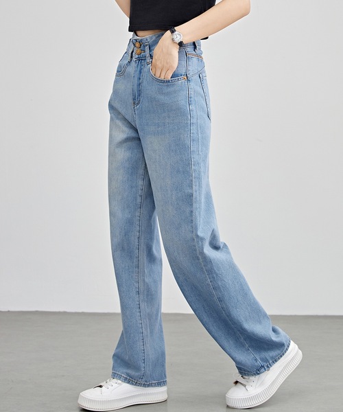 Lace Ladies（レースレディース）の「配色パッチ付き ハイウエスト ストレート デニム パンツ（デニムパンツ・レディース・ブルー/ネイビー・F/G/H/J/K/N/O/Q/R/T/U/W）」の10枚目の写真