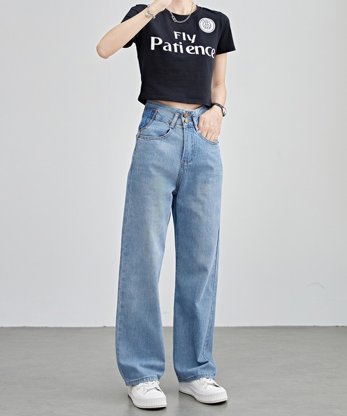 Lace Ladies（レースレディース）の「配色パッチ付き ハイウエスト ストレート デニム パンツ（デニムパンツ・レディース・ブルー/ネイビー・F/G/H/J/K/N/O/Q/R/T/U/W）」の11枚目の写真