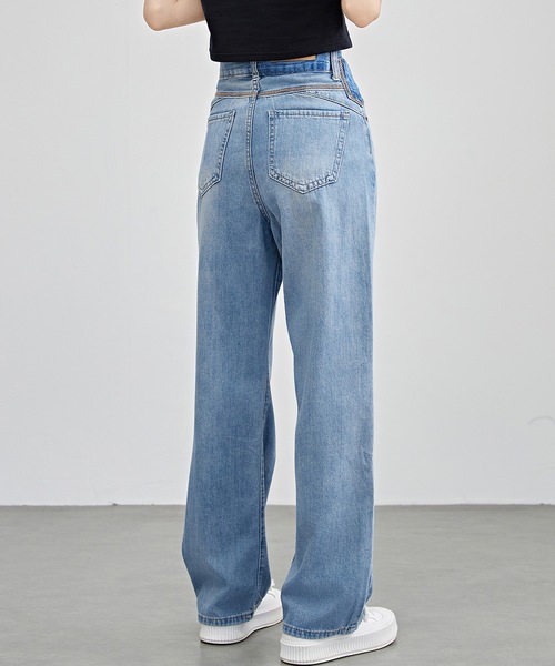 Lace Ladies（レースレディース）の「配色パッチ付き ハイウエスト ストレート デニム パンツ（デニムパンツ・レディース・ブルー/ネイビー・F/G/H/J/K/N/O/Q/R/T/U/W）」の12枚目の写真