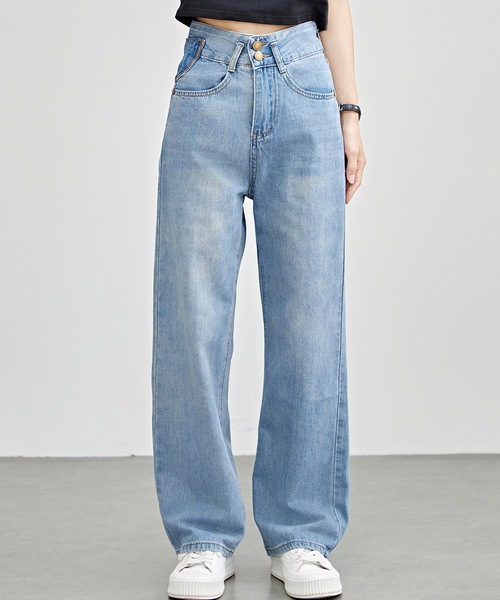 Lace Ladies（レースレディース）の「配色パッチ付き ハイウエスト ストレート デニム パンツ（デニムパンツ・レディース・ブルー/ネイビー・F/G/H/J/K/N/O/Q/R/T/U/W）」の13枚目の写真