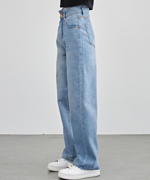 Lace Ladies（レースレディース）の「配色パッチ付き ハイウエスト ストレート デニム パンツ（デニムパンツ・レディース・ブルー/ネイビー・F/G/H/J/K/N/O/Q/R/T/U/W）」の14枚目の写真