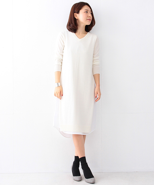 B:MING by BEAMS(ビーミングバイビームス)の「ビーミング by ビームス / 布帛コンビニットワンピース(ワンピース・レディース・ブラック/オフホワイト/ライトグレー・ONE SIZE)」の2枚目の写真