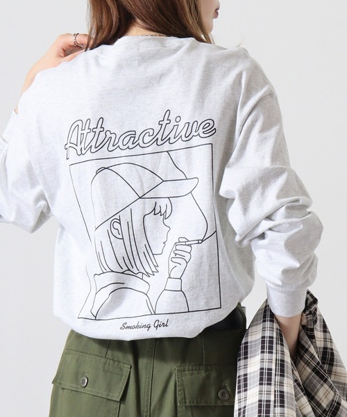 MODISH GAZE(モディシュガゼ)の「MODISH GAZE 6.0オンス スモーキングガール 線画イラストロンT 長袖(Tシャツ/カットソー・メンズ・ブラック/チャコール/ホワイト/アッシュ・M/L/XL/S)」の21枚目の写真