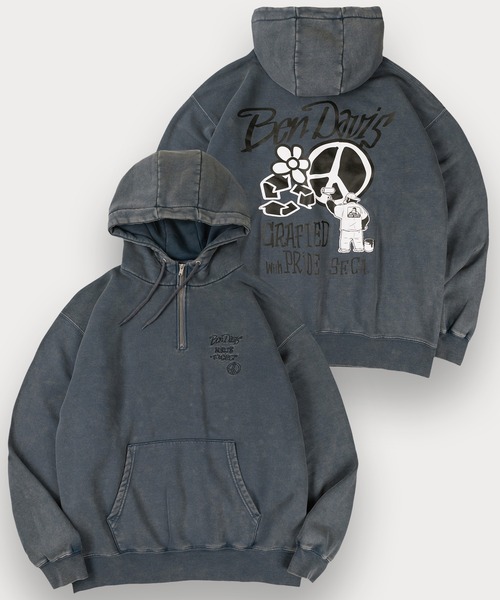 BEN DAVIS(ベンデイビス)の「【BENDAVIS/ベンデイビス】PEACE FADED HOODIE/パウダーブリーチ加工 ハイネック ハーフジップフーディー バックプリント プルパーカー オーバーサイズ 裏起毛(パーカー・メンズ・ブラック/カーキ/ネイビー・M/L/XL)」の3枚目の写真