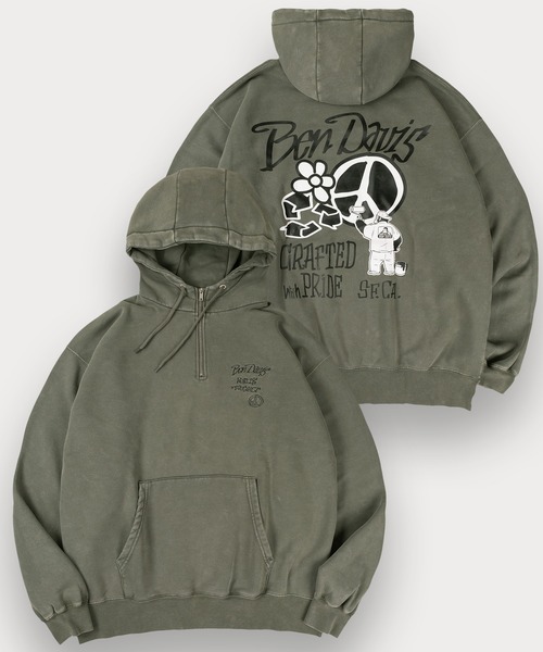 BEN DAVIS(ベンデイビス)の「【BENDAVIS/ベンデイビス】PEACE FADED HOODIE/パウダーブリーチ加工 ハイネック ハーフジップフーディー バックプリント プルパーカー オーバーサイズ 裏起毛(パーカー・メンズ・ブラック/カーキ/ネイビー・M/L/XL)」の1枚目の写真