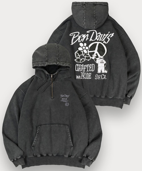 BEN DAVIS(ベンデイビス)の「【BENDAVIS/ベンデイビス】PEACE FADED HOODIE/パウダーブリーチ加工 ハイネック ハーフジップフーディー バックプリント プルパーカー オーバーサイズ 裏起毛(パーカー・メンズ・ブラック/カーキ/ネイビー・M/L/XL)」の2枚目の写真