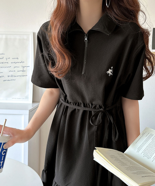 【予約受付中】トレンドのティアード！胸刺繍サッカーハーフZIPワンピース（ロング）