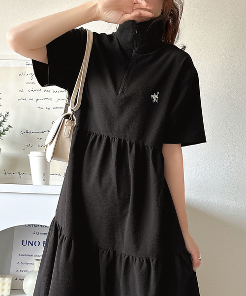 【予約受付中】トレンドのティアード！胸刺繍サッカーハーフZIPワンピース（ロング）
