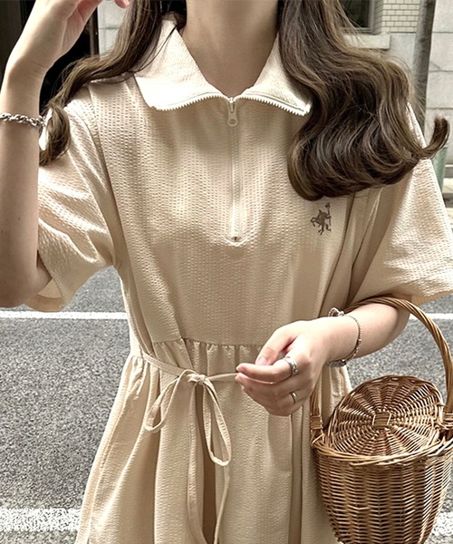 【予約受付中】トレンドのティアード！胸刺繍サッカーハーフZIPワンピース（ロング）