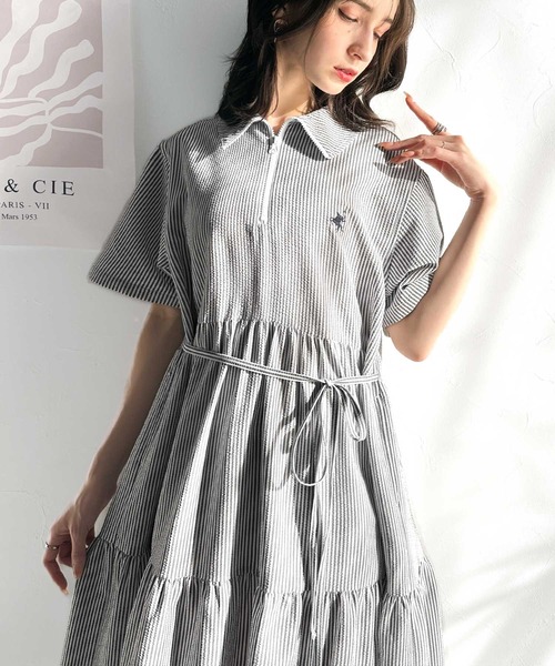 classicalelf（クラシカルエルフ）の「【４月上旬再入荷】トレンドのティアード♪胸刺繍サッカーハーフZIPワンピース（ロング）（ワンピース・レディース・ブラウン/ブラック/アイボリー/ブラック系その他・LARGE/MEDIUM/SMALL/X-LARGE）」の7枚目の写真