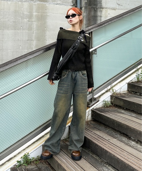 sedacle girl(セダクルガール)の「リブ配色オフショルニット(ニット/セーター・レディース・ブラック/ネイビー/グレー・FREE)」の8枚目の写真