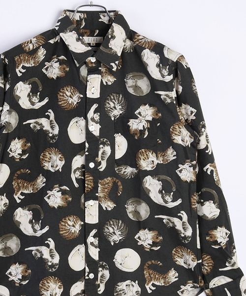 WESTSEA(ウエストシー)の「日本製 ネコ柄 長袖レギュラーシャツ/猫柄(シャツ/ブラウス・メンズ・グレー/グレー系その他/ベージュ系その他/ブラック系その他/ホワイト系その他/ベージュ系その他2/ベージュ系その他3/ベージュ系その他5/ネイビー系/ネイビー系1/ネイビー系2/グリーン/ブルーグレー/チャコールグレー/ベージュ系その他4/ブラック/ブルー系その他/ホワイト/ベージュ/サックスブルー/ネイビー/チャコール・M/L/XL)」の6枚目の写真